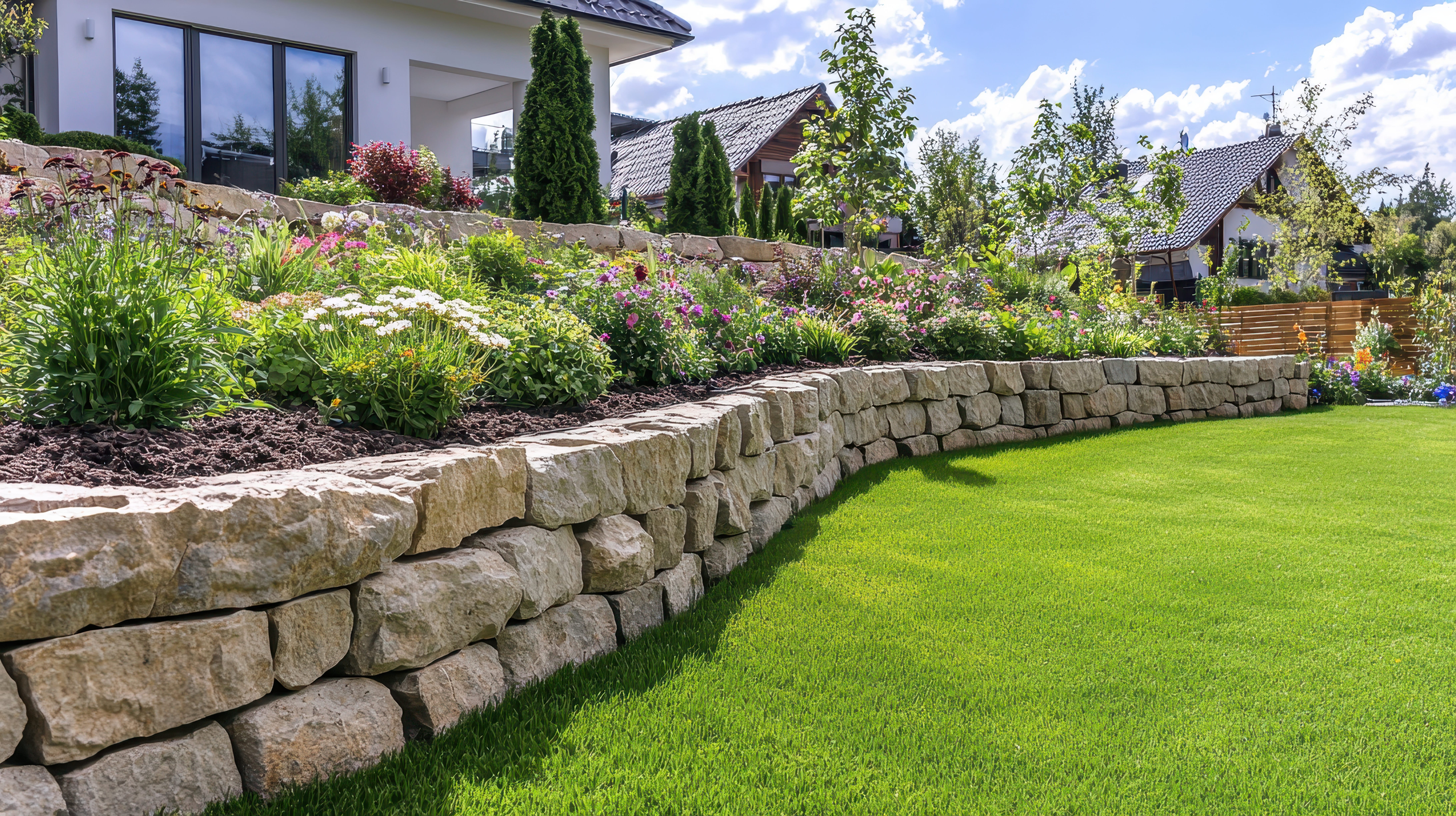 Rockwall retaining wall along with flower bed yard design in Kailua, HI